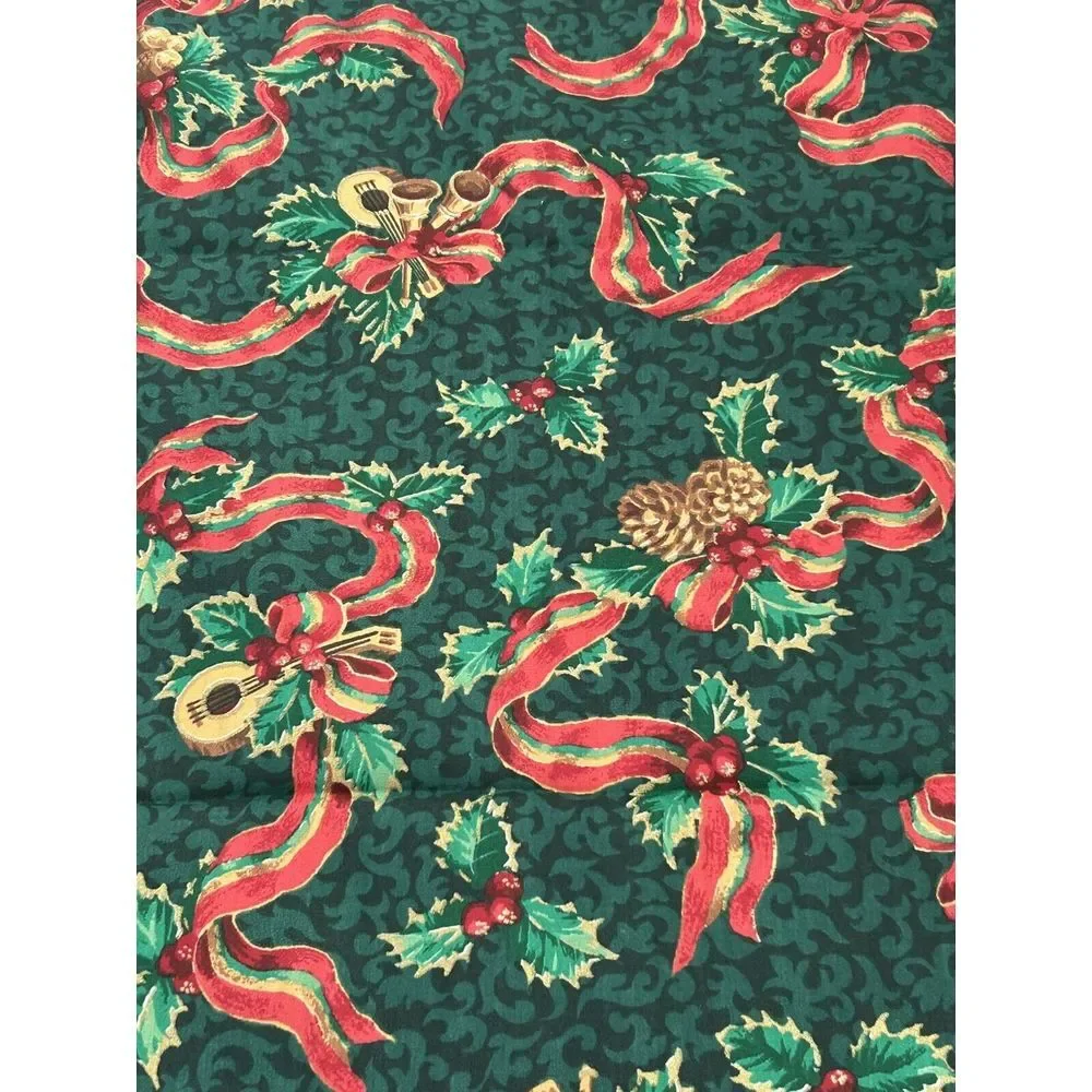 Christmas Fabric Remnant Green w/ Ribbon, Pine Cones, Musical Instruments Print